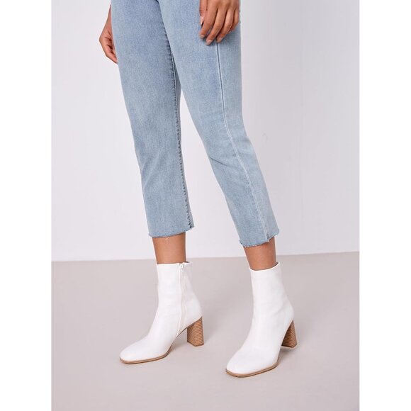 Women's White Chunky Block Heel Square Toe Side Zipper Short Booties - Picture 2 of 9